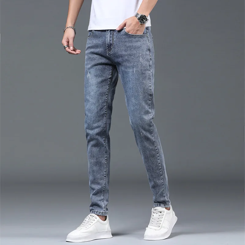 

Мужские джинсы на четыре сезона, тонкие рваные эластичные повседневные джинсы с небольшой ножкой, длина по индивидуальному заказу, для укра...