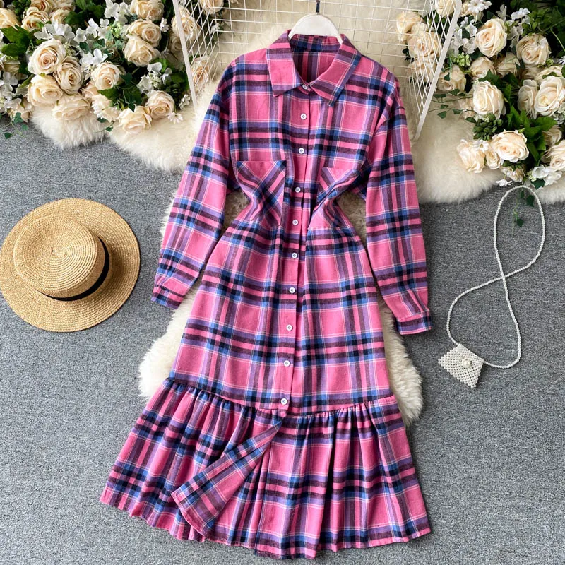 

Plaid Print Vintage Shirt Dress Women Long Sleeve Turn-down Collar Autumn Winter Casual Long Dresses Tunic Ladies Vestidos Femme