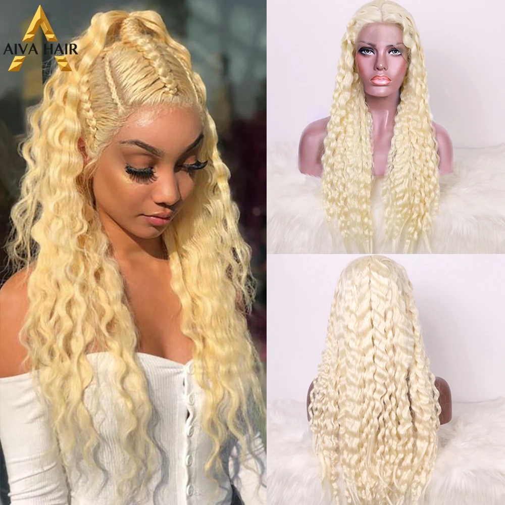 Deep Wave Blonde Synthetic Lace Front Wig Glueless Ombre Green Lace Front Wig Drag Queen Cosplay Wigs For Black Women Aiva