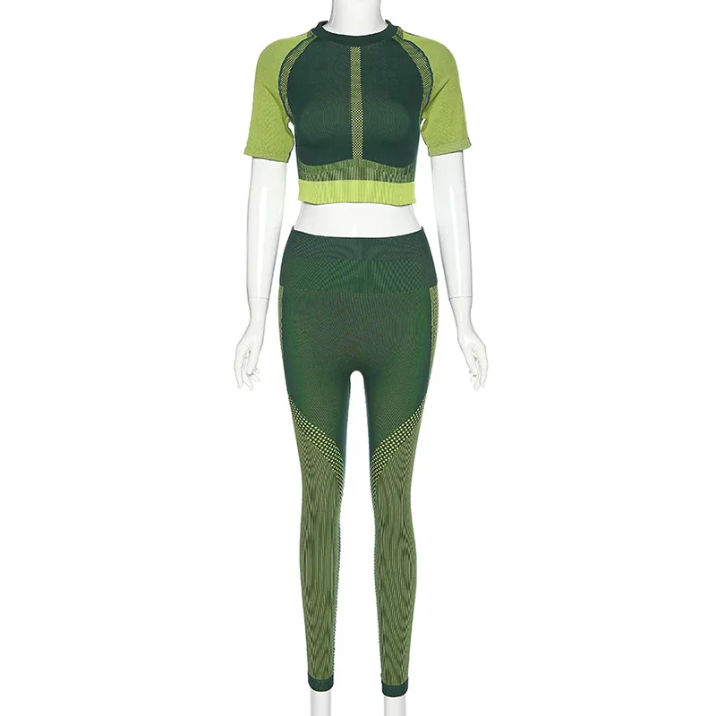 

Summer Sport Casual Two Piece Set Women Patchwork Color O-Neck Crop Top And Elastic Waist Sweatpants For Women