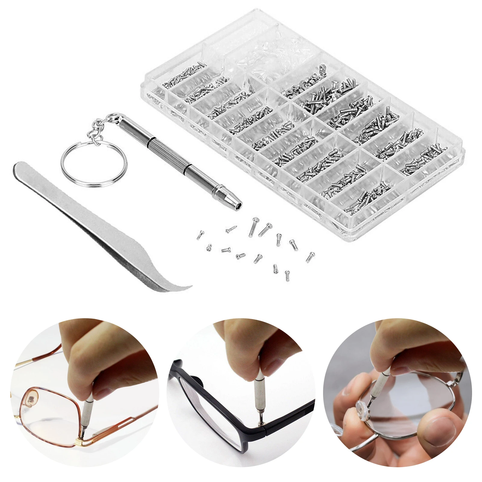 

Eyeglasses Repairing Kit Set Assorted Storage Box Design 1000PCS Screws and Pad with Micro Screwdriver for Watch Clock Spectacle