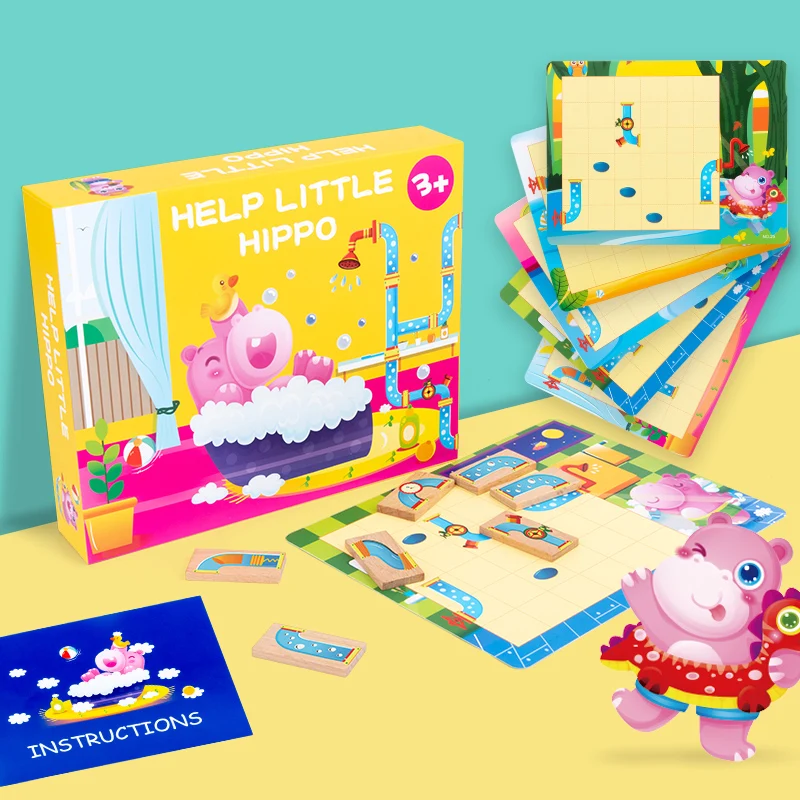 

Children's logical thinking training wooden jigsaw puzzle board toys Hippo Bathing water pipe connection game toys