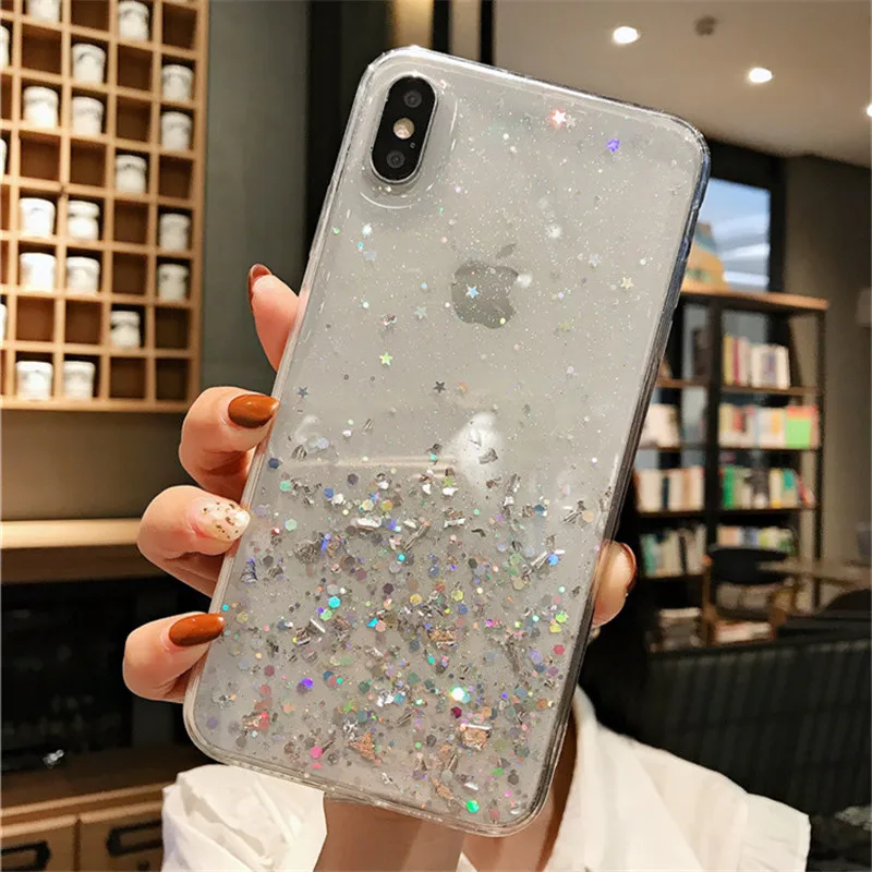 NJIEER Блестящий блестящий чехол для iphone X 11 Pro XS MAX XR Блестящий Прозрачный чехол для iphone 8 7 6 6S Plus Мягкий чехол из ТПУ