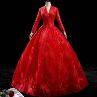 Long Sleeve Quinceanera Dress Red Party Dress Elegant V-neck Ball Gown Luxury Lace Prom Dress Classic Quinceanera Vestidos