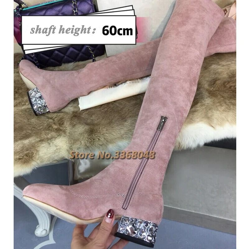 

Over The Knee Boots Women Stretch Suede New Arrivals Crystal Heel Boots Round Toe 3cm Heel Boots 10cm Ladies Sock Boots