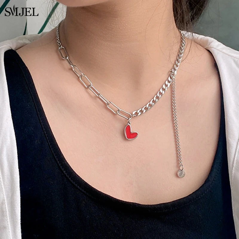 

Fashion Mini Heart Pendant Necklace Women Stainless Steel Asymmetric Chain Necklaces Jewelry Valentine's цепочка на шею женская