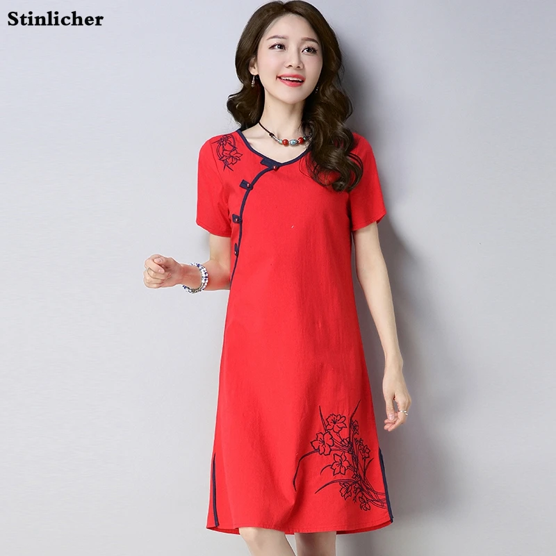 

Summer Flower Embroidery Cheongsam Dress Women Vintage Casual Split Cotton And Linen Dress Female Midi Robe Vestidos