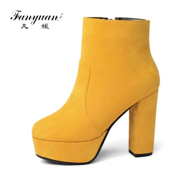 

fanyuan ankle boots quality flock leather boots women high heels platform ankle boots for women round toe autumn winter shoes