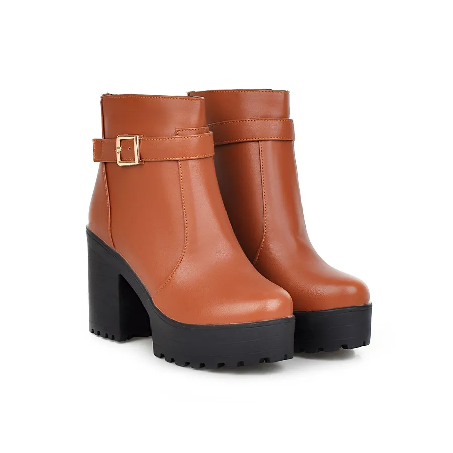 

Plus Size Europeans and Americans with round head, thick heel, side zipper, belt buckle and waterproof platform boots