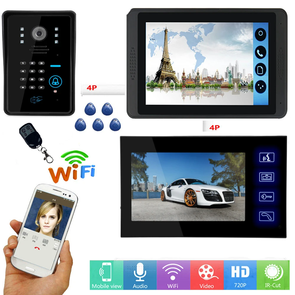 SmartYIBA 7'' 1000TVL Wired WIFI Doorbell Door Phone Video Intercom System Electric Lock RFID Remote Unlock Night Vision |