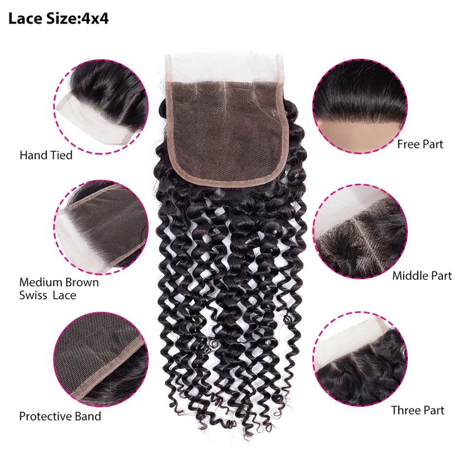 Бразильские кудрявые пучки с закрытием Remy человеческие волосы 3 пучка шнурка для