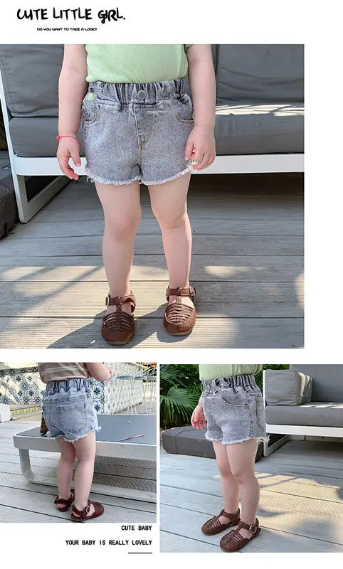 

2021 Girls Summer New Children's Korean Casual Denim Hot Pants Baby Elastic Stretch Frayed Hot Pants