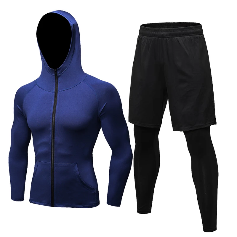 Blue-black pant Осенний мужской компрессионный Комплект зимний термальный спортивный костюм для спортзала и фитнеса набор для бега тренировочные костюмы поддельные обтягивающие штаны спортивное пальто - Цвет: Blue-black pant