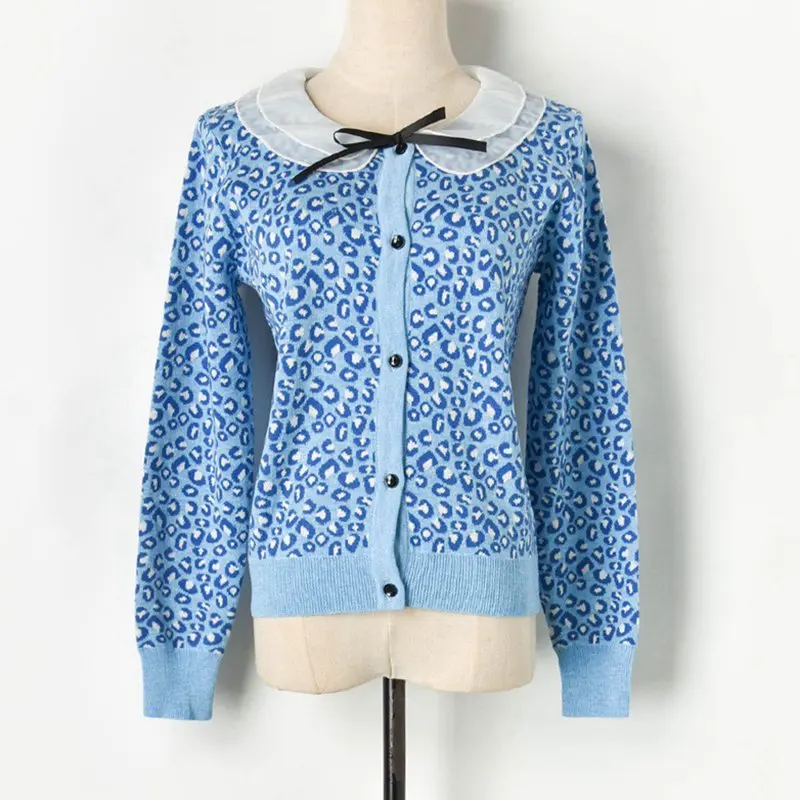 New Autumn Cardigans Women Sweet Peter Pan Collar Leopard Pattern Single Breasted Knitted Sweater Jacket Jumper Top pull femme |