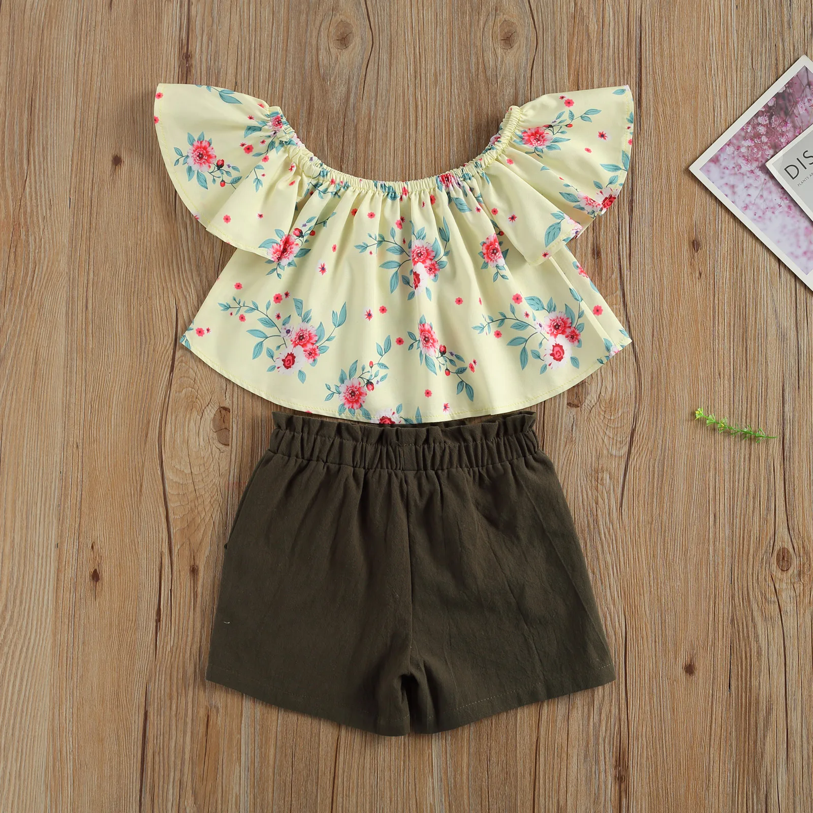 

Fashion 1-6Y Kids Baby Girl Clothing Floral Print Short Sleeve Off Shoulder Blouse+Solid Shorts Casual Outfits 2pcs Set