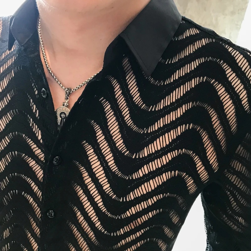 Рубашка Camisa hombre, простроченная полосатая рубашка, прозрачная рубашка для мужчин, Chemise Homme Marque, роскошная летняя рубашка с короткими рукавами