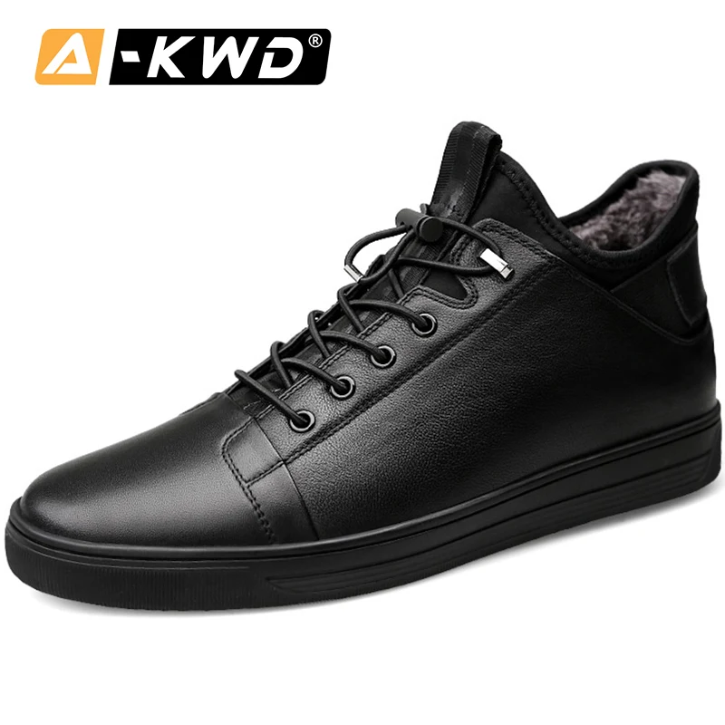 Высокие мужские кожаные кроссовки с мехом повседневная спортивная обувь для