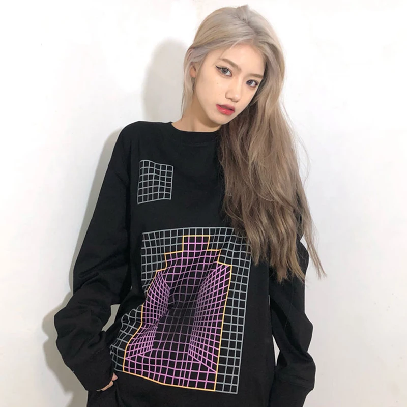 No Hat Hoodies Women Vintage Streetwear O-neck Long Sleeve Tops Hip Hop Design Plaid-pattern Printing Oversize Sweatshirts Teens | Женская