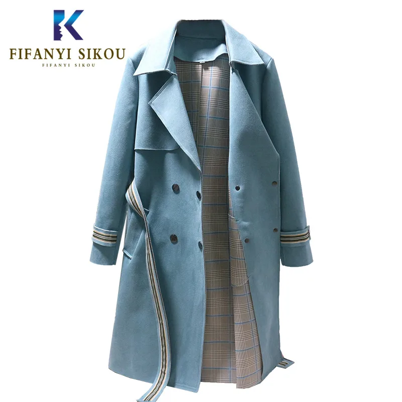 

Тренчкот женский из замши и кожи, Двубортный повседневный длинный тренчкот с поясом, элегантная облегающая деловая верхняя одежда, осень