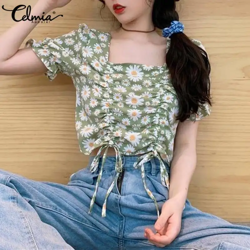 

2021 Summer Short Tops Celmia Women Short Bubble Sleeve Drawstrting T-shirt Daisy Floral Print Elegant Square Collar Tunic Tops