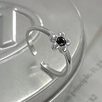 kofsac simple personality zircon black flower ring for girl trendy mini 925 sterling silver finger jewelry women romantic gift