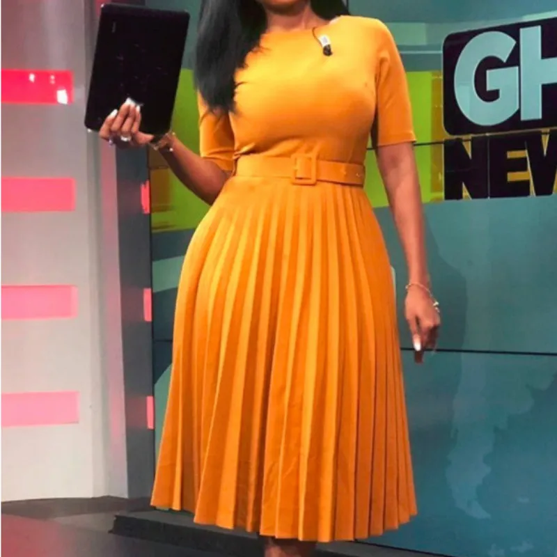 Женское плиссированное платье до середины икры желтое Элегантное повседневное