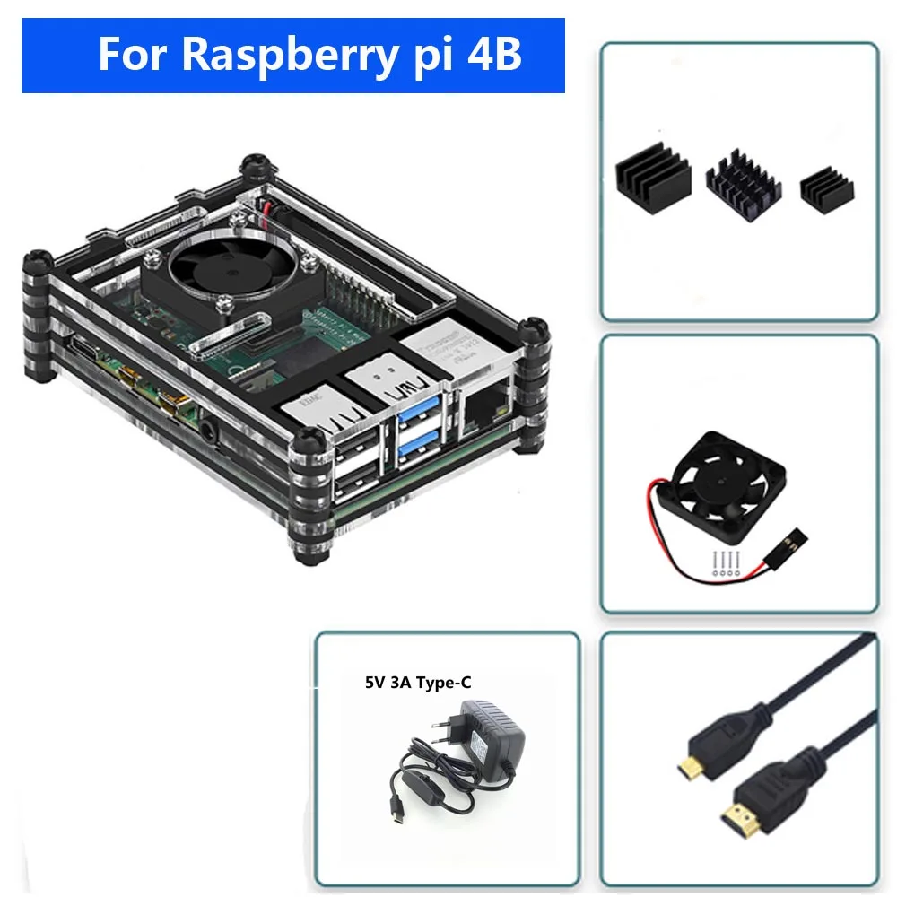 Светло-голубой Raspberry PI 4 Model B Acrylic Case With Cooling Fan+32GB SD Card+5V 3A power+Heatsink+HDMI for Raspberry pi 4B - Цвет: Светло-голубой