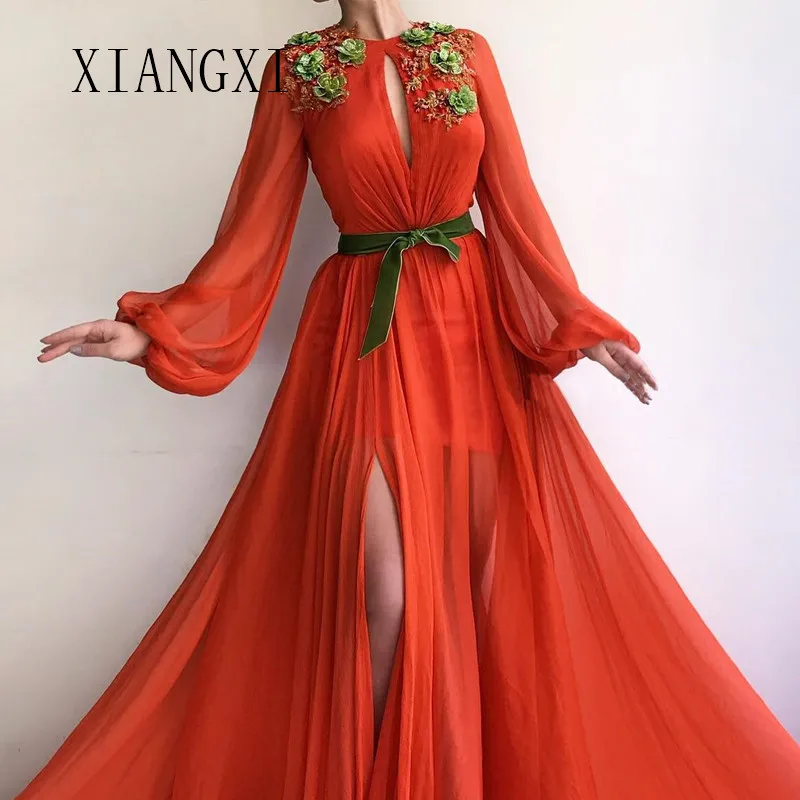 

vestidos de festa Orange Evening Dresses Long Chiffon A-Line O-Neck Full Sleeves Split Floor Length Formal Evening Dress 2020
