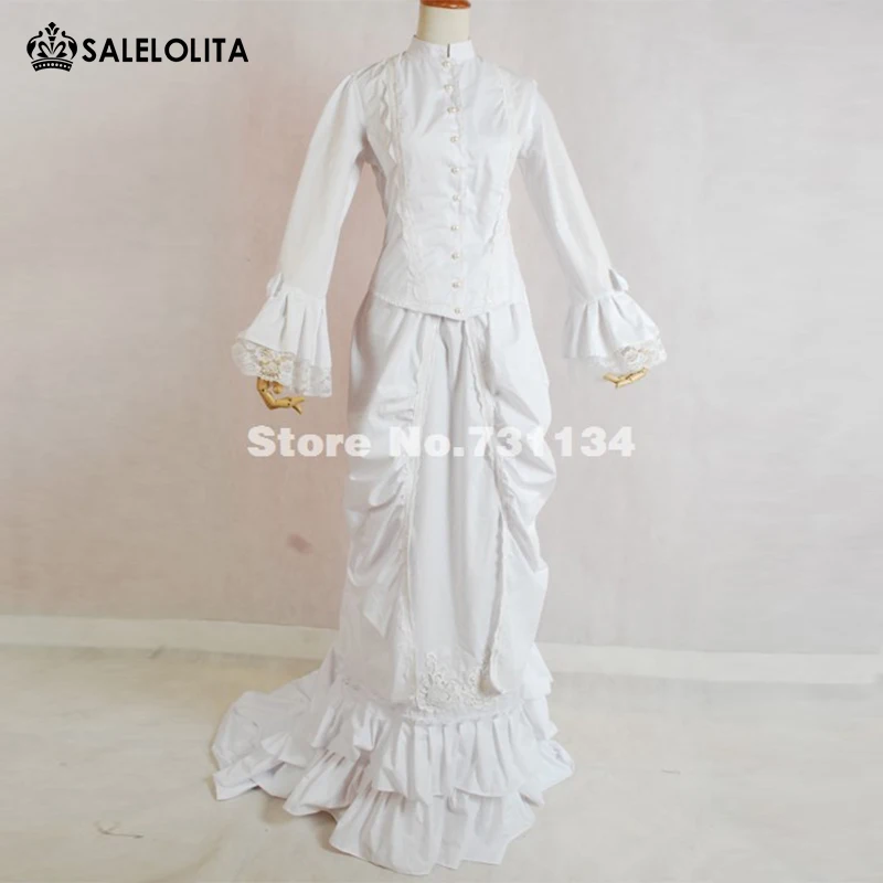 

Custom Elegant And Graceful White Cotton 19th Century Histerical Dress Floor-Length Victorian Bustle Ball Gown For Party