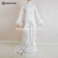 custom elegant and graceful white cotton 19th century histerical dress floor length victorian bustle ball gown for party