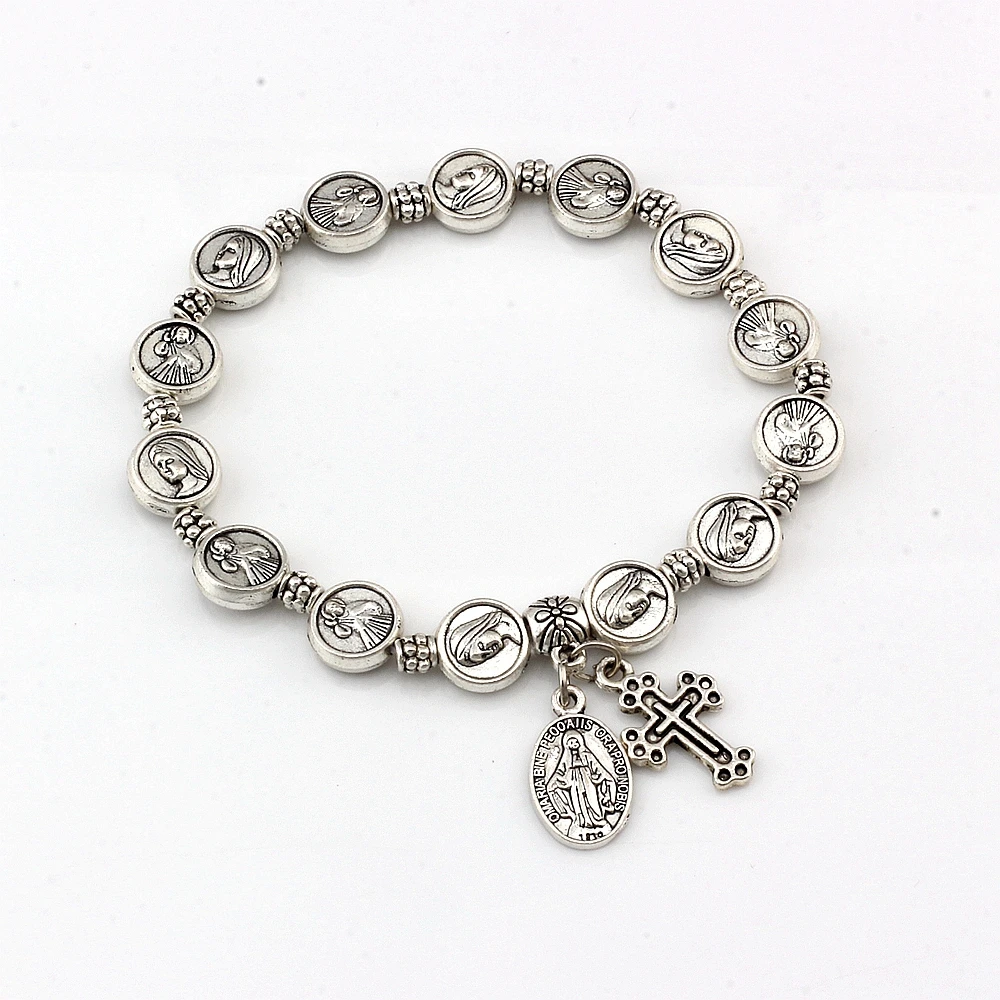 

1Pcs Catholic Religious Alloy Bead Bangles For Men Women Christ Juses Cross Virgin Mary Pendant Bracelets C-81