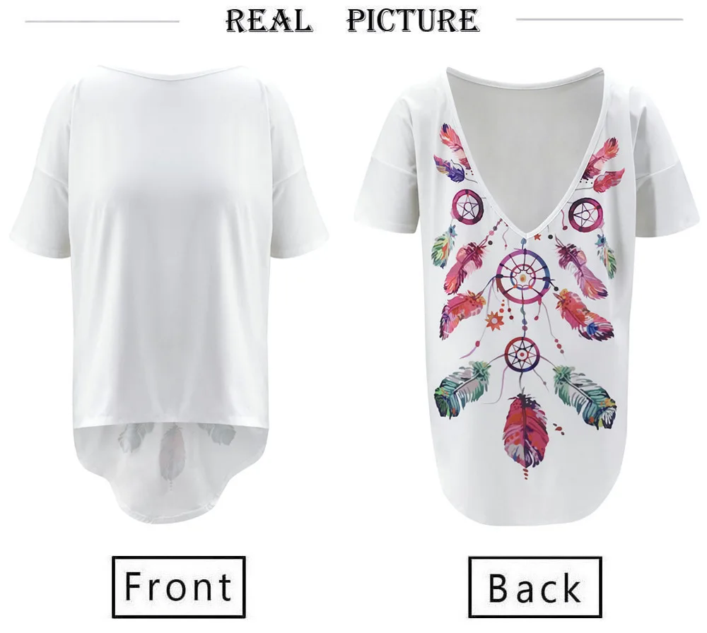 

Women Summer T-shirts Casual O Neck Backless Short Sleeve Floral Print Loose Sexy White Tee Tops Ladies Asymmetric Pullover Tops