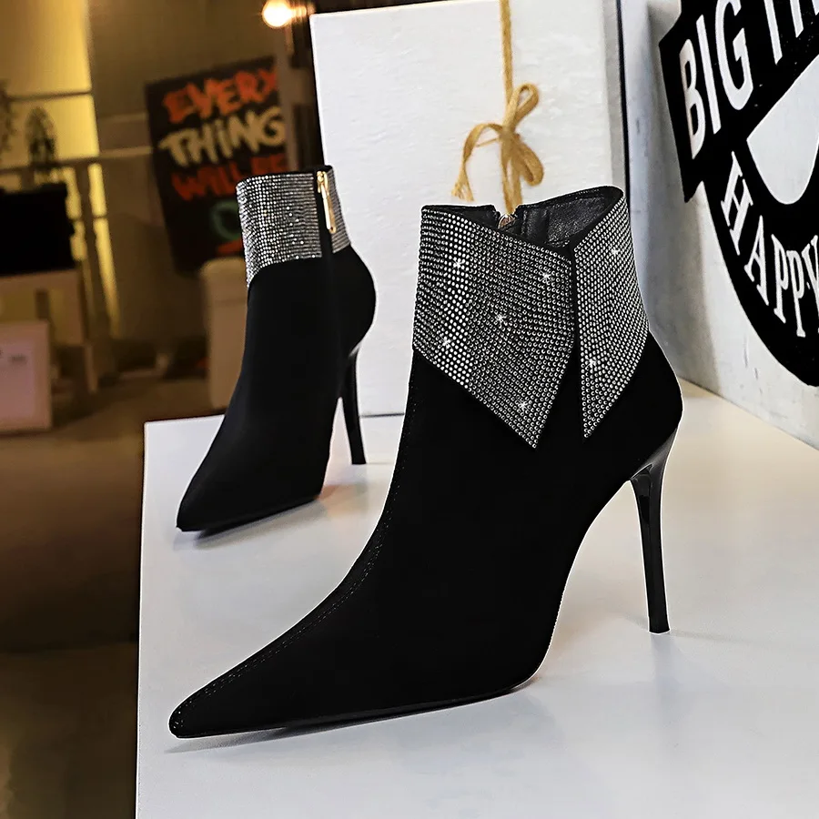 BIGTREE NEW 2020 Women's Ankle Boots Sexy Party Women Pointed Toe Lapel Crystal Boots Ladies Thin High heels Female Shoes