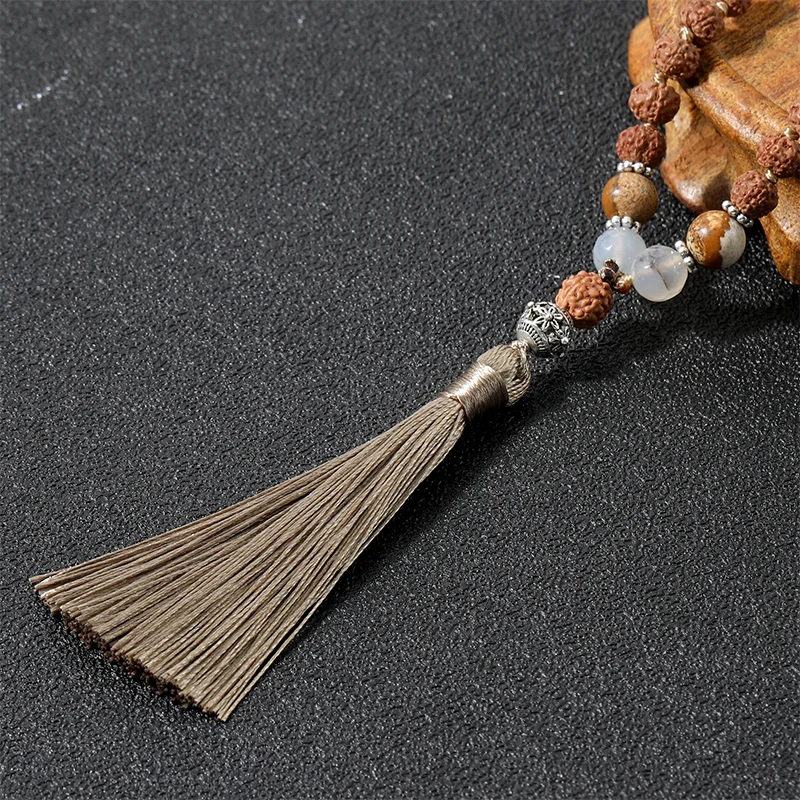 

Long Rudraksha Necklace Semi-Precious Stones for Women Men With 108 Mala Beaded Femmel Buddhist Prayer Meditation Tassel