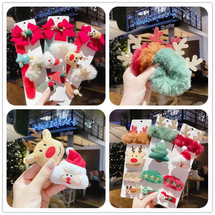 

4-piece Children's Hair Clip, Cute Christmas Set Hairpin, Santa Hat, Elk, Christmas Tree Brooch, Rubber Band BB Clip Hair Ring,