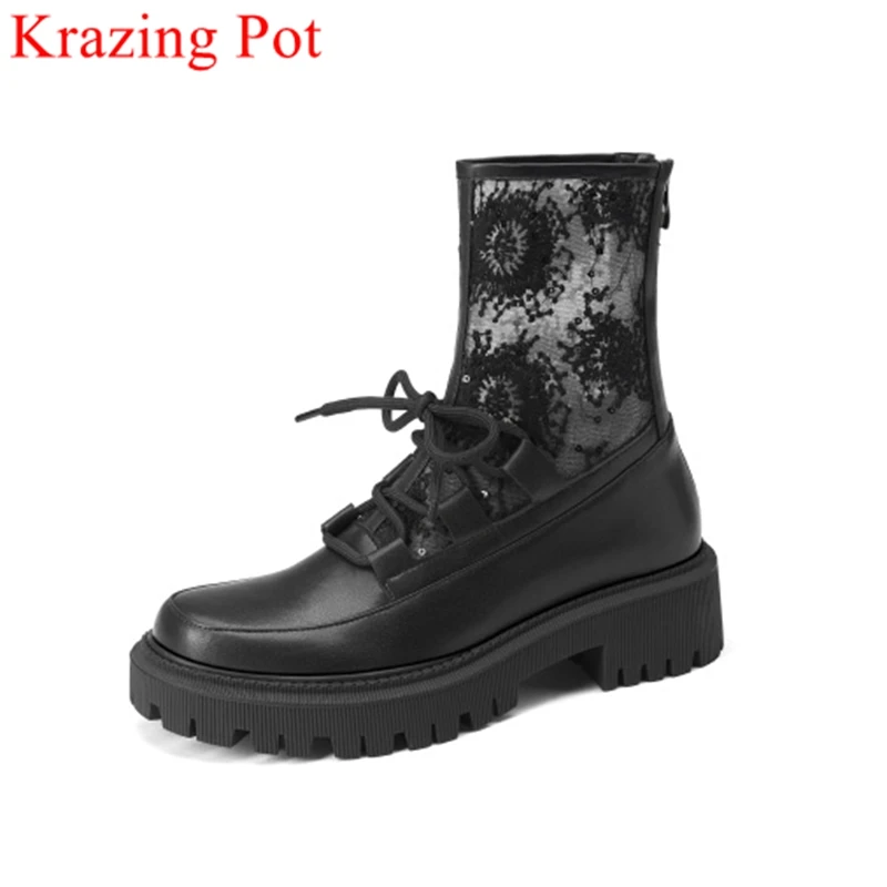 

Krazing Pot 2022 cow leather lace up embroidery Chelsea boots elegant autumn shoes flower party concise office lady ankle boots