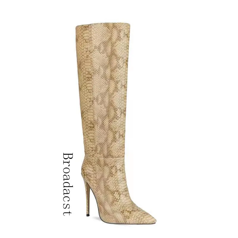 Broadcast Autumn and Winter Womens PU Fashion Snake-print Pointed High-heeled Knee-high Boots for Women