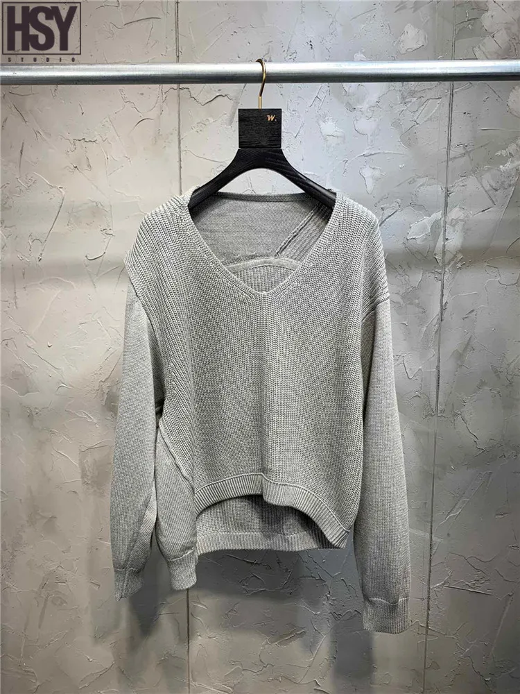 【HSY】2019 New Fashion Simplicity Women Sweater Long Sleeve V-neck Pure Color Baggy Pullover 2 Colors | Женская одежда