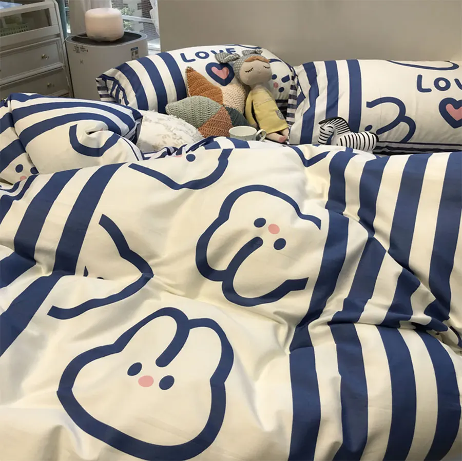 

Cute cartoon rabbit blue bedding set kid teen,single double cotton twin full queen home textile bed sheet pillowcase duvet cover