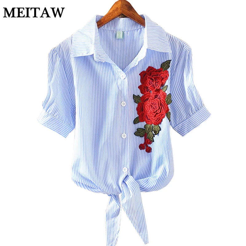 Летняя женская блузка рубашка с вышивкой блузы 2020 Повседневная полосатая