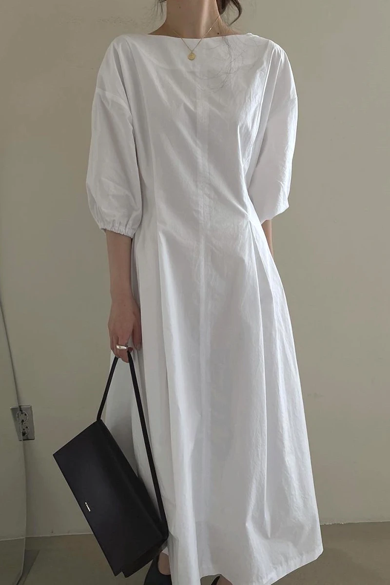

Summer New Style Puff Sleeve Women Dressz Round Neck Long Slimming Short Sleeves Dress Female Solid Color Pullover Dress