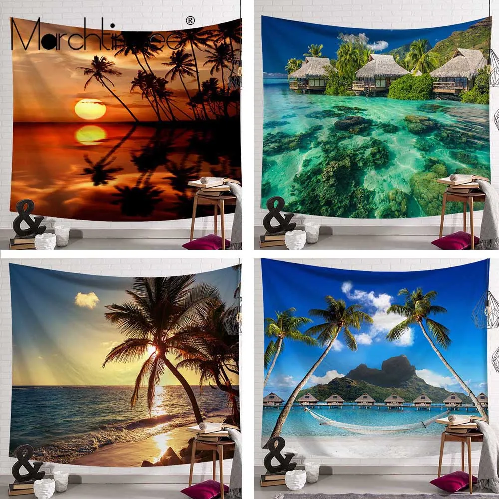 Тропический пальмовый гобелен с изображение листьев настенный морское