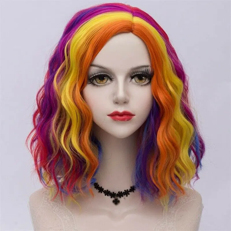 Rainbow color wig 27 стиль радуги многоцветные Хэллоуин 35 см вьющиеся синтетические парик Лолита Средний Омбре вечерние Косплей - Цвет: Rainbow color wig
