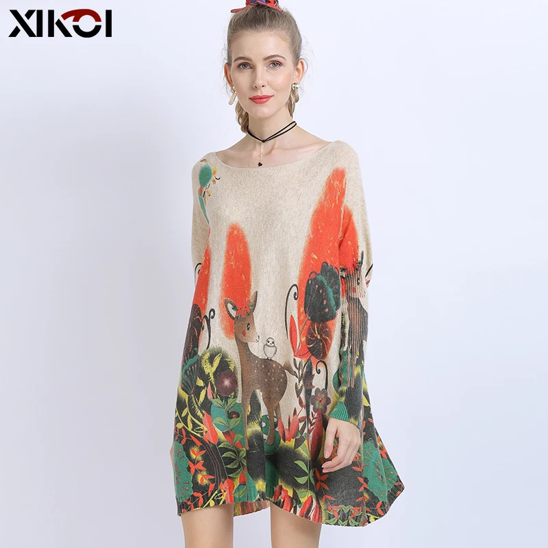 XIKOI Winter Oversized Sweaters For Women Warm Long Pullover Dresses Fashion Cute Deer Print Jumper Knitted Pull Femme | Женская одежда