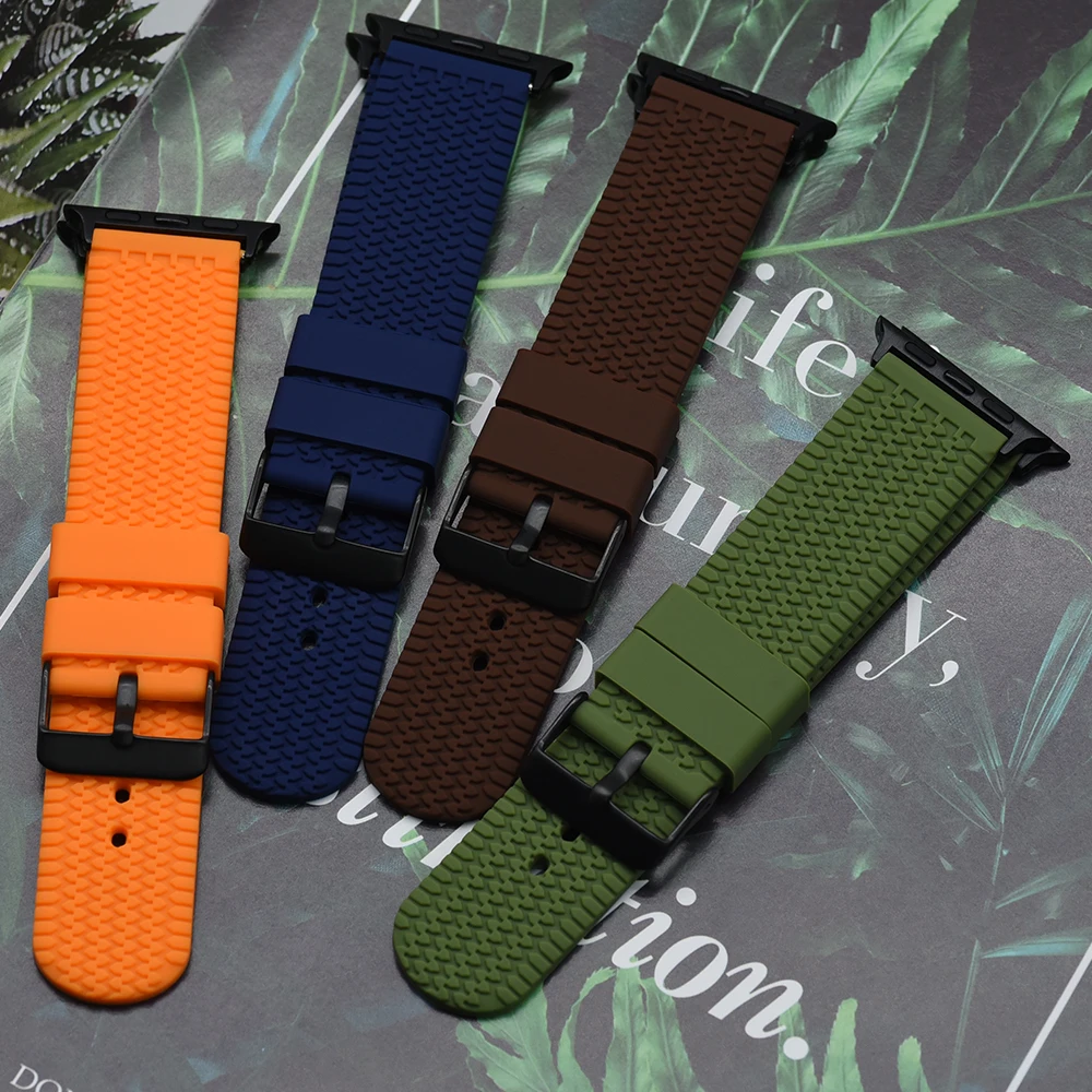 

42mm 38mm 44mm 40mm Tire Grain Silicone Rubber Band For Apple Watch iWatch Series 6/SE/5/4/3/2/1 Straps With Silver/Black Buckle
