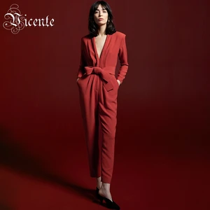VC All Free Shipping 2020 New Chic Sashes Design Deep V Neck Red Jumpsuit Office Lady Celebrity Party Casual Wear