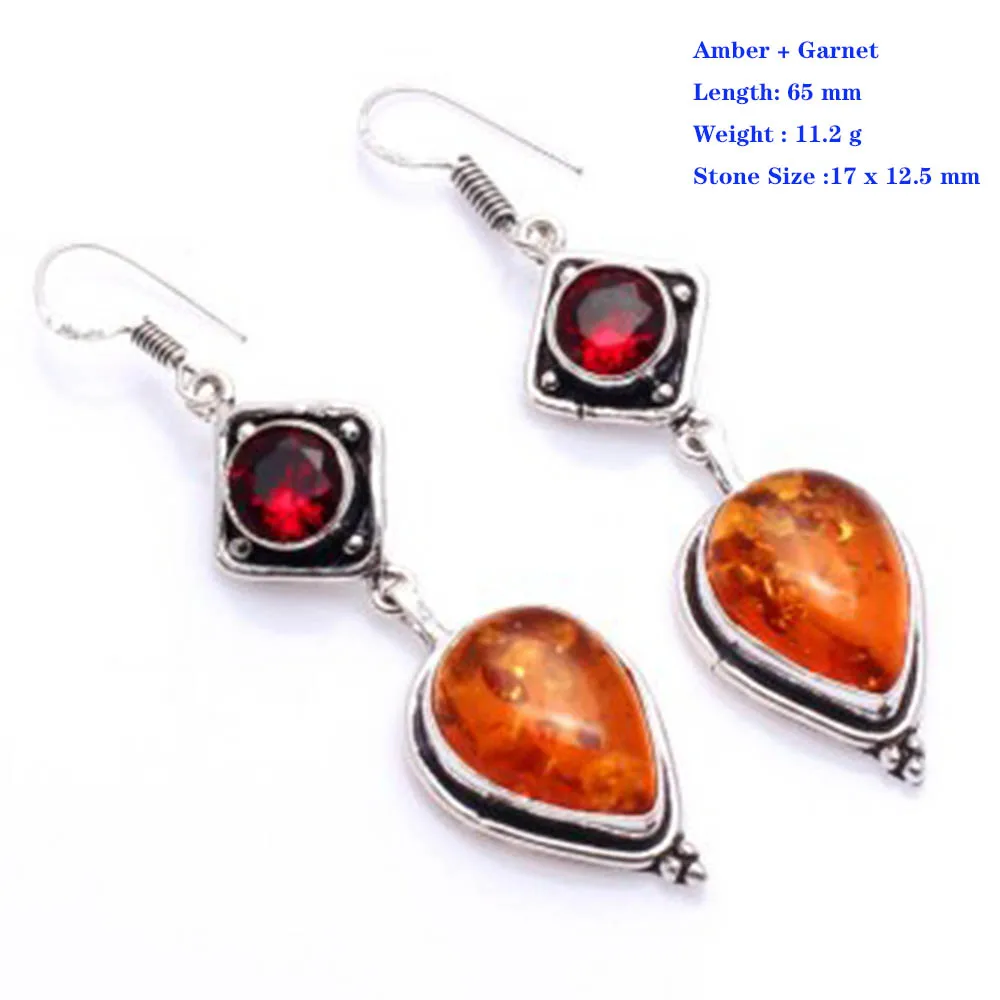 Серьги из серебра и меди с натуральным белым синим топазом Перидотом гранатом