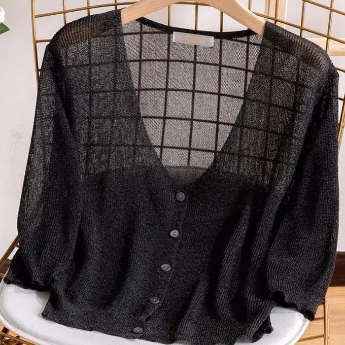 

2021 summer new knitted shawl loose ice silk small cardigan thin sunscreen air conditioning shirt knitted jacket