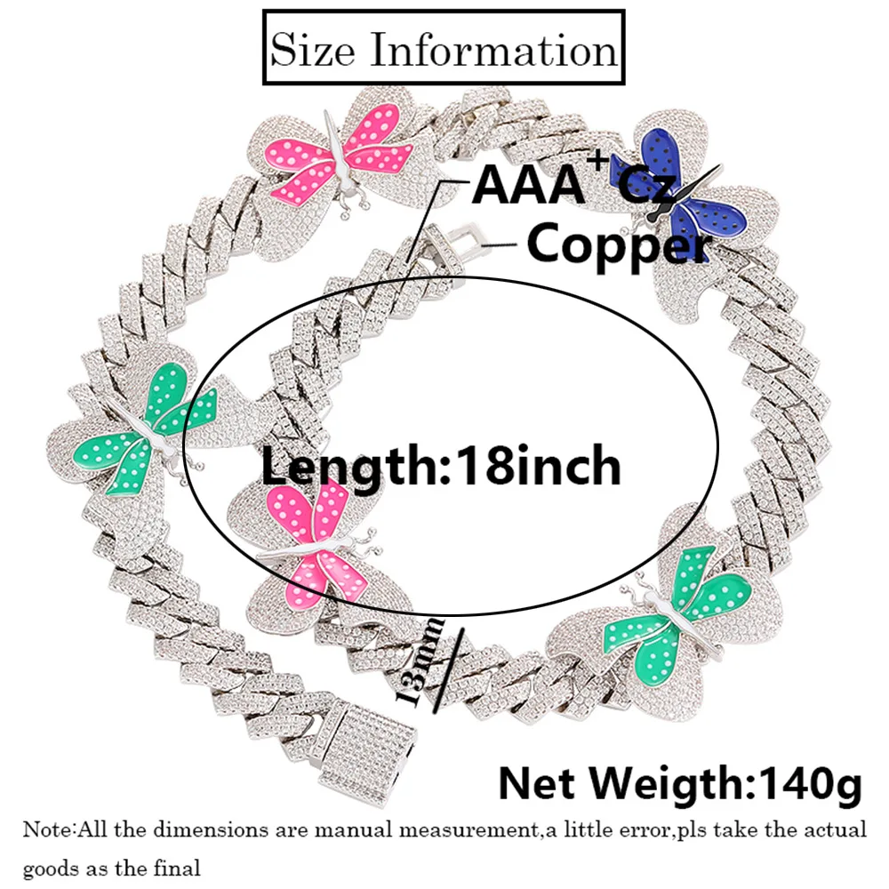 

Cuban Chain Big Colorful Butterfly Chain Necklace & Pendant Iced Out Bling Tennis Chain Gold Color Cubic Zircon Men's Jewelry