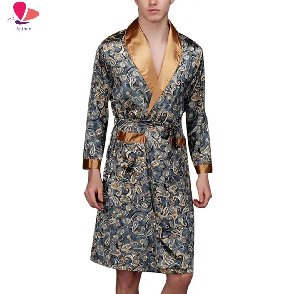 

Men Bathrobe Men Simulation Silk Print Pajamas Lingerie Robe Mens Summer Robes Male Senior Satin Sleepwear